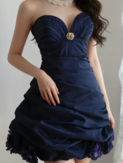 Gorgeous Sweetheart A-Line Short Prom Dresses  Satin Navy Blue Birthday Dresses Sleeveless Party Dresses DP04372