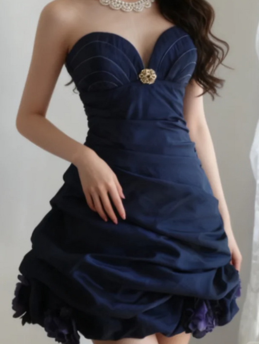 Gorgeous Sweetheart A-Line Short Prom Dresses  Satin Navy Blue Birthday Dresses Sleeveless Party Dresses DP04372