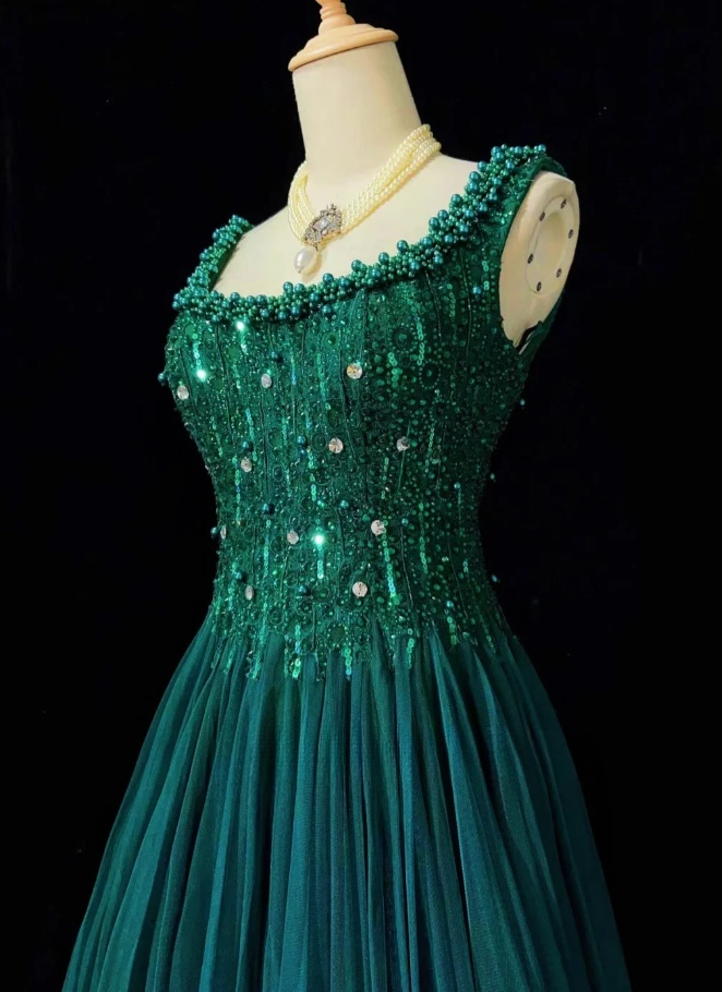 Hunter Green Fairy A-Line Long Prom Dresses Tulle Beaded Birthday Dresses Sleeveless Evening Dresses  DP04381