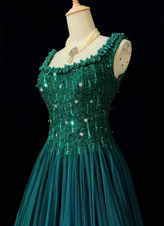 Hunter Green Fairy A-Line Long Prom Dresses Tulle Beaded Birthday Dresses Sleeveless Evening Dresses  DP04381