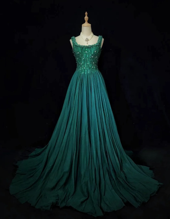 Hunter Green Fairy A-Line Long Prom Dresses Tulle Beaded Birthday Dresses Sleeveless Evening Dresses  DP04381