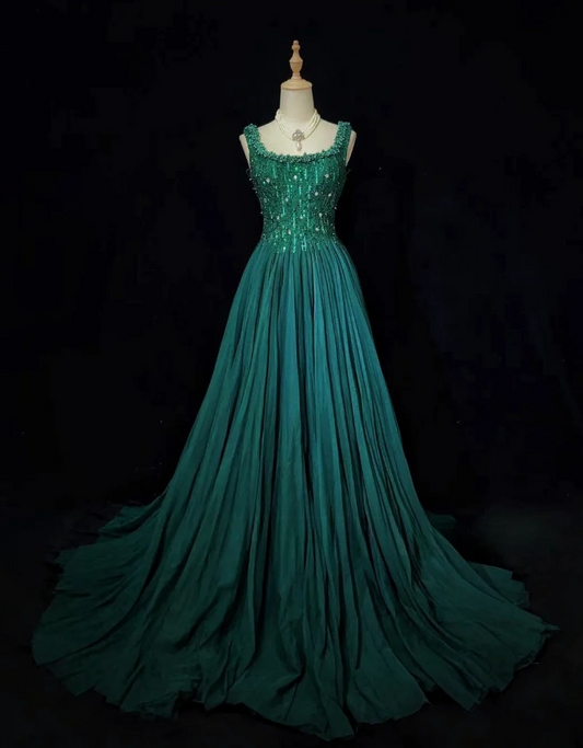Hunter Green Fairy A-Line Long Prom Dresses Tulle Beaded Birthday Dresses Sleeveless Evening Dresses  DP04381