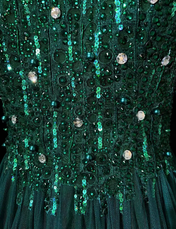 Hunter Green Fairy A-Line Long Prom Dresses Tulle Beaded Birthday Dresses Sleeveless Evening Dresses  DP04381