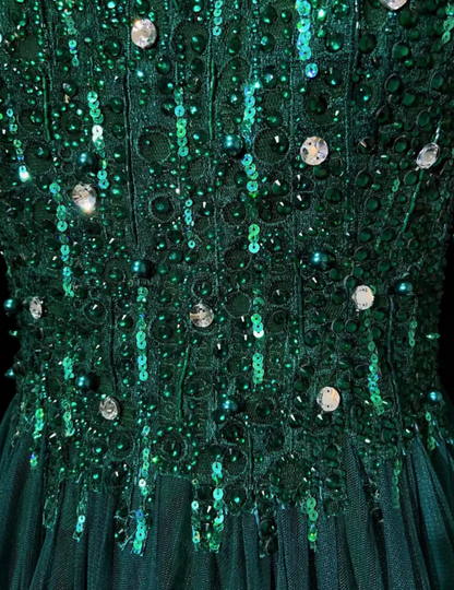 Hunter Green Fairy A-Line Long Prom Dresses Tulle Beaded Birthday Dresses Sleeveless Evening Dresses  DP04381