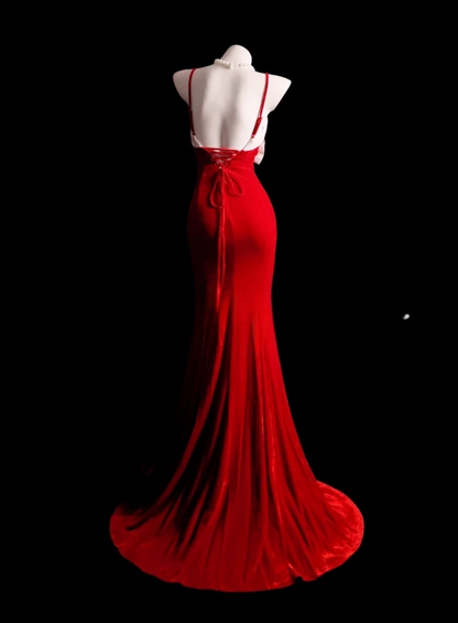 Burgundy Fairy Mermaid Long Prom Dresses Velvet Spagehtti Straps Evening Dresses Sleeveless Christmas Dresses DP04383