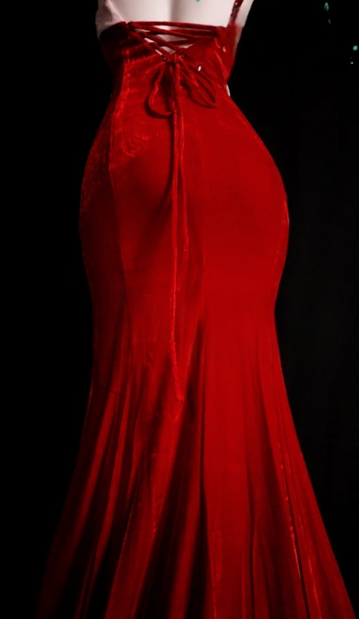 Burgundy Fairy Mermaid Long Prom Dresses Velvet Spagehtti Straps Evening Dresses Sleeveless Christmas Dresses DP04383