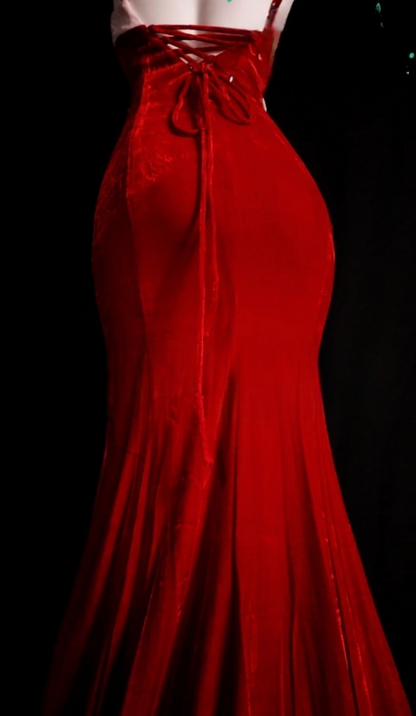 Burgundy Fairy Mermaid Long Prom Dresses Velvet Spagehtti Straps Evening Dresses Sleeveless Christmas Dresses DP04383