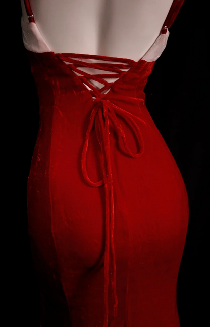 Burgundy Fairy Mermaid Long Prom Dresses Velvet Spagehtti Straps Evening Dresses Sleeveless Christmas Dresses DP04383