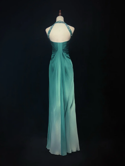 Jade Elegant Sheath Long Prom Dresses Satin Halter Evening Dresses Sleeveless Christmas Dresses DP04384