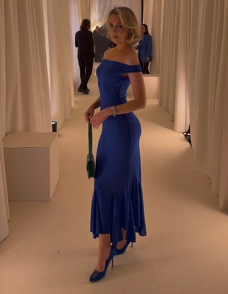 Blue Sexy Sheath Long Prom Dresses Chiffon Off-shoulder Evening Dresses Sleeveless Birthday Dresses DP04389