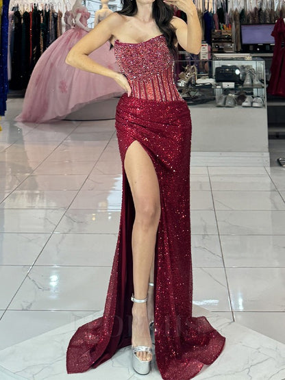 Burgundy Sexy Sheath Long Prom Dresses Sequins Strapless Evening Dresses Sleeveless Birthday Dresses DP04390