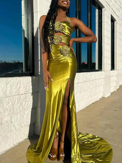 Fuchsia Sexy Sheath Long Prom Dresses Satin Halter Evening Dresses Sleeveless Birthday Dresses DP04392