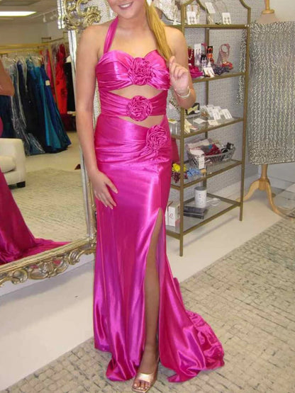 Fuchsia Sexy Sheath Long Prom Dresses Satin Halter Evening Dresses Sleeveless Birthday Dresses DP04392