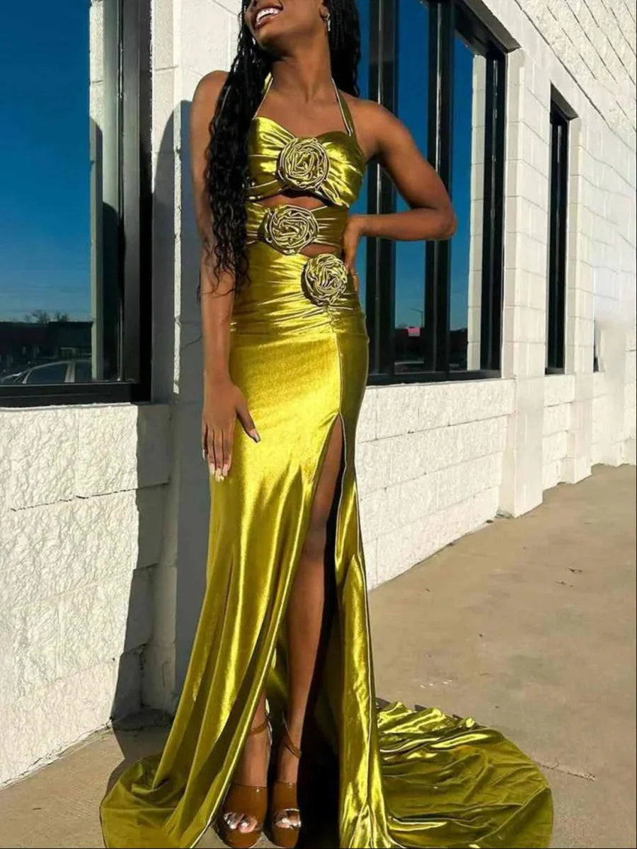 Fuchsia Sexy Sheath Long Prom Dresses Satin Halter Evening Dresses Sleeveless Birthday Dresses DP04392