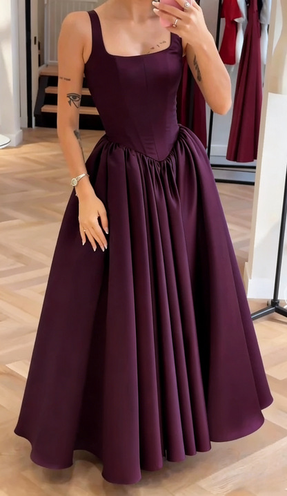 Navy Blue Sexy A-Line Long Prom Dresses Satin Straps Evening Dresses Sleeveless Birthday Dresses DP04395