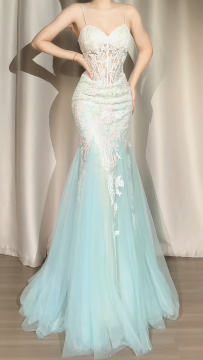 Elegant Tiffany Blue Mermaid Long Prom Dresses Appliques Tulle Spaghetti Straps Evening Dresses DP04406