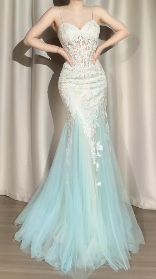 Elegant Tiffany Blue Mermaid Long Prom Dresses Appliques Tulle Spaghetti Straps Evening Dresses DP04406