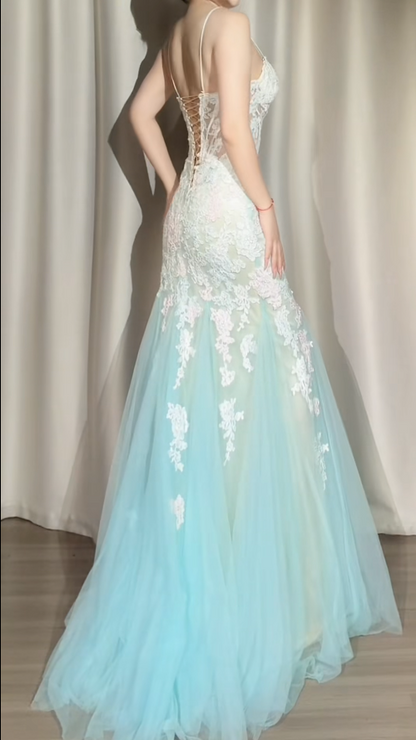 Elegant Tiffany Blue Mermaid Long Prom Dresses Appliques Tulle Spaghetti Straps Evening Dresses DP04406