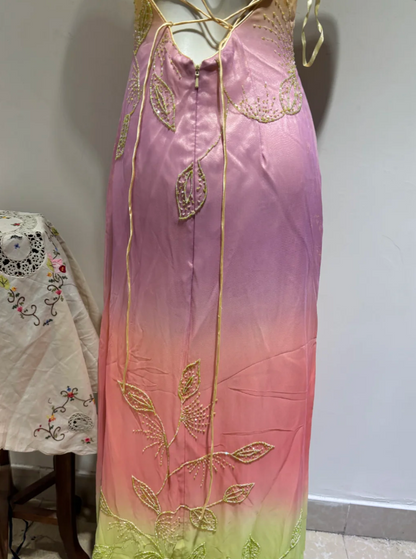 Elegant Muti-Color Sheath Long Prom Dresses Beaded Satin Spaghetti Straps Evening Dresses Backless Birthday Dresses DP04407