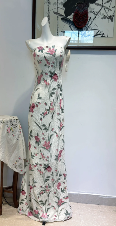 Elegant Sheath Long Prom Dresses Beaded Floral Chiffon Strapless Evening Dresses Sleeveless Birthday Dresses DP04408