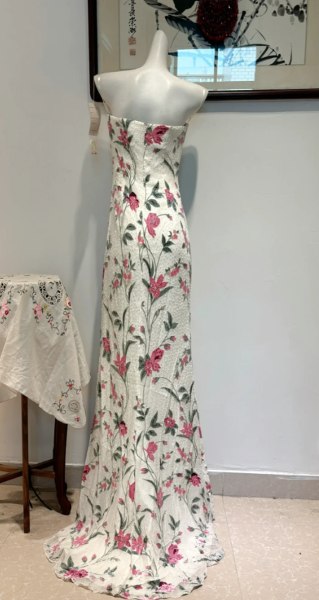 Elegant Sheath Long Prom Dresses Beaded Floral Chiffon Strapless Evening Dresses Sleeveless Birthday Dresses DP04408