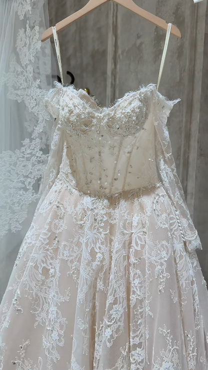 Timeless A-Line Long Wedding Dresses Lace Beaded Bridal Gowns Long Sleeves Bridal Dresses DP04415