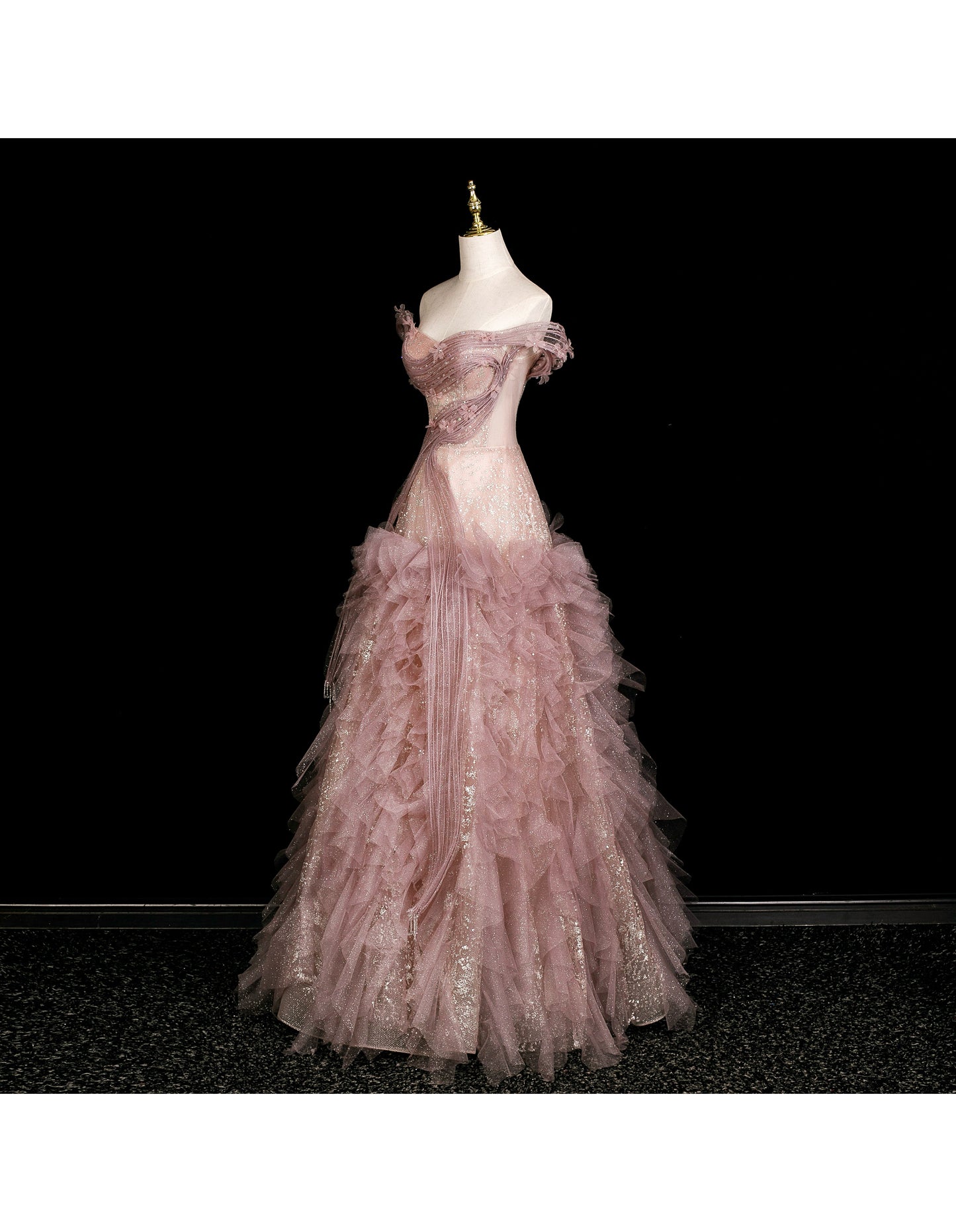 Fairy Off-shoulder Birthday Dresses A-Line Pink Long Prom Dresses Appliques Rhinstones Tulle Sleevless Evening Dresses DP04425