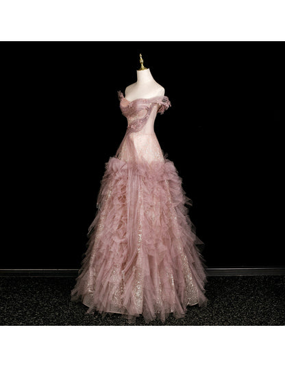 Fairy Off-shoulder Birthday Dresses A-Line Pink Long Prom Dresses Appliques Rhinstones Tulle Sleevless Evening Dresses DP04425