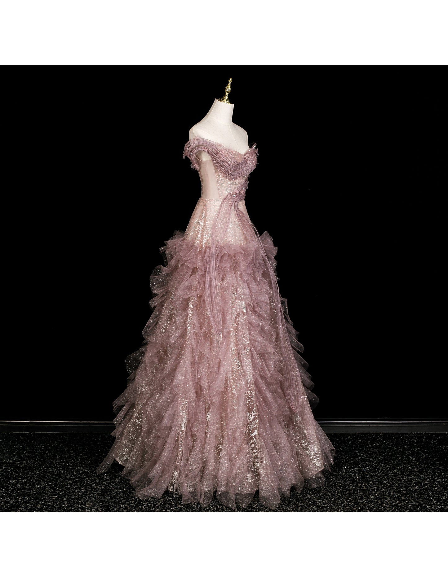 Fairy Off-shoulder Birthday Dresses A-Line Pink Long Prom Dresses Appliques Rhinstones Tulle Sleevless Evening Dresses DP04425