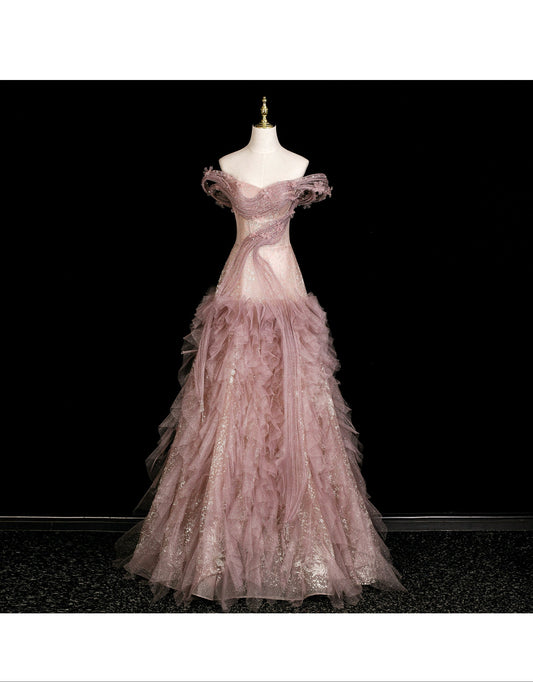 Fairy Off-shoulder Birthday Dresses A-Line Pink Long Prom Dresses Appliques Rhinstones Tulle Sleevless Evening Dresses DP04425