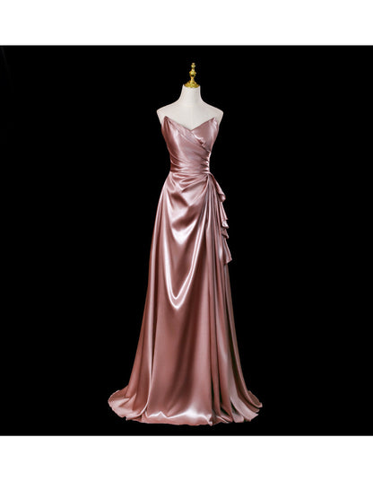 Fairy Off-shoulder Birthday Dresses Sheath Pink Long Prom Dresses Satin Sleevless Evening Dresses DP04426