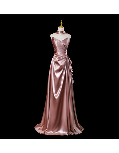 Fairy Off-shoulder Birthday Dresses Sheath Pink Long Prom Dresses Satin Sleevless Evening Dresses DP04426