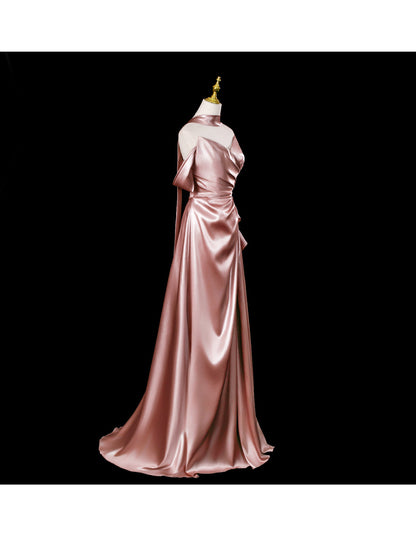 Fairy Off-shoulder Birthday Dresses Sheath Pink Long Prom Dresses Satin Sleevless Evening Dresses DP04426