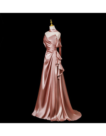 Fairy Off-shoulder Birthday Dresses Sheath Pink Long Prom Dresses Satin Sleevless Evening Dresses DP04426