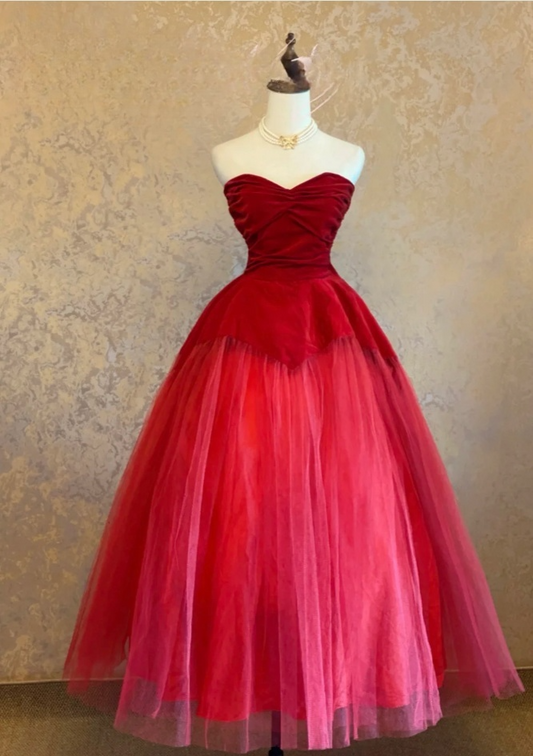 Cute A-line Burgundy Long Prom Dresses Tulle Strapless Party Dresses Sleevless Evening Dresses DP04436