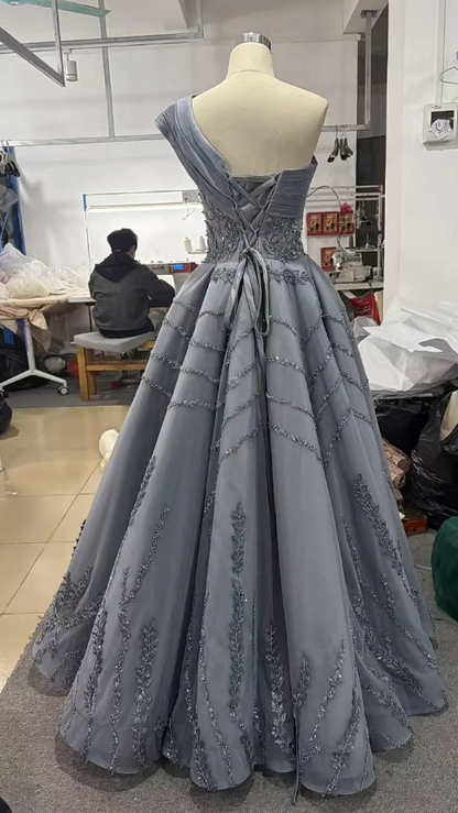 Cute A-line Gray Long Prom Dresses Tulle One-shoulder Quinceanera Dresses Sleevs Sweet 16 Dresses DP04439