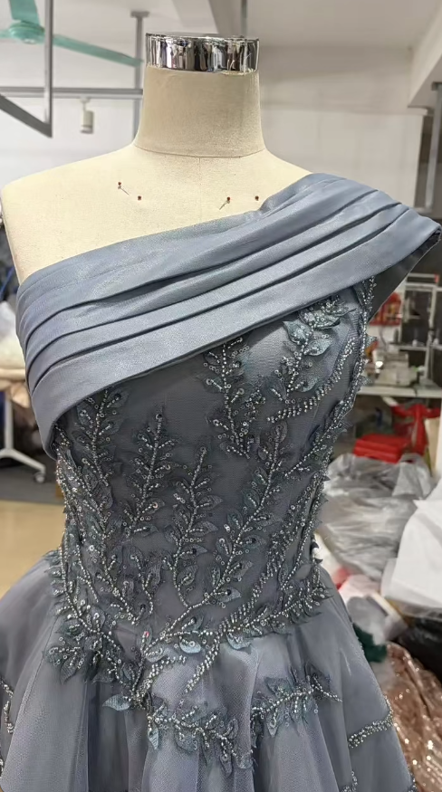 Cute A-line Gray Long Prom Dresses Tulle One-shoulder Quinceanera Dresses Sleevs Sweet 16 Dresses DP04439