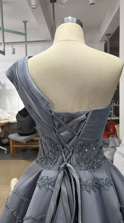 Cute A-line Gray Long Prom Dresses Tulle One-shoulder Quinceanera Dresses Sleevs Sweet 16 Dresses DP04439