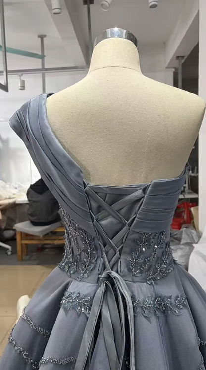 Cute A-line Gray Long Prom Dresses Tulle One-shoulder Quinceanera Dresses Sleevs Sweet 16 Dresses DP04439