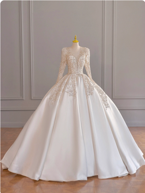 Elegant A-Line Long Weeding Dresses Beaded Satin White Bridal Dresses Long Sleeves Bridal Gowns DP04447