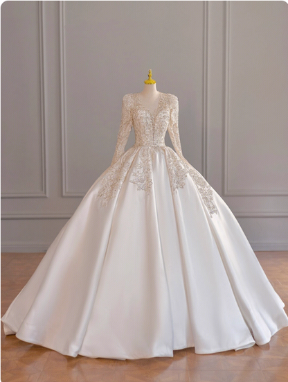 Elegant A-Line Long Weeding Dresses Beaded Satin White Bridal Dresses Long Sleeves Bridal Gowns DP04447