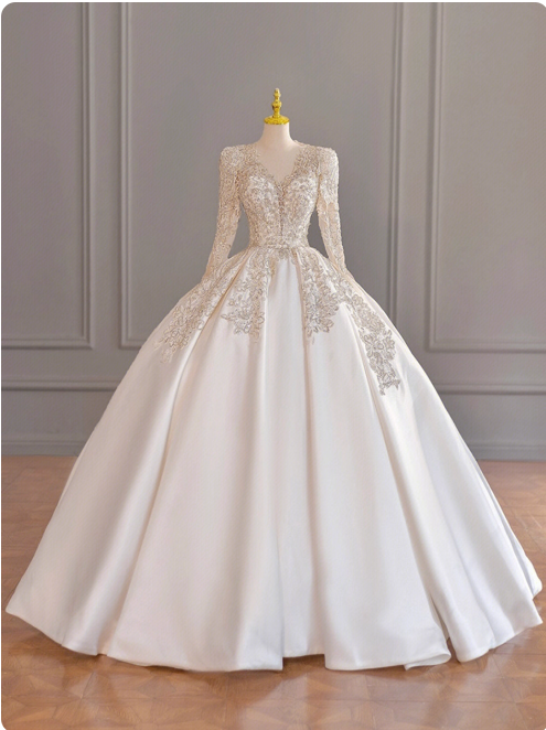 Elegant A-Line Long Weeding Dresses Beaded Satin White Bridal Dresses Long Sleeves Bridal Gowns DP04447