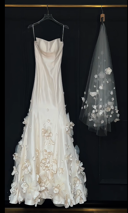 Glam Strapless Mermaid Long Weeding Dresses Appliques Satin White Bridal Dresses Sleeveless Bridal Gowns DP04450