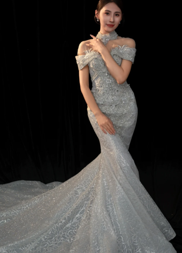 Glam Mermaid Long Weeding Dresses Tulle Bridal Dresses Cup Sleeves Bridal Gowns DP04451