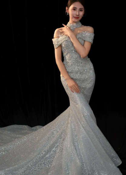 Glam Mermaid Long Weeding Dresses Tulle Bridal Dresses Cup Sleeves Bridal Gowns DP04451