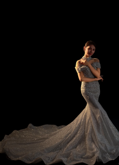 Glam Mermaid Long Weeding Dresses Tulle Bridal Dresses Cup Sleeves Bridal Gowns DP04451