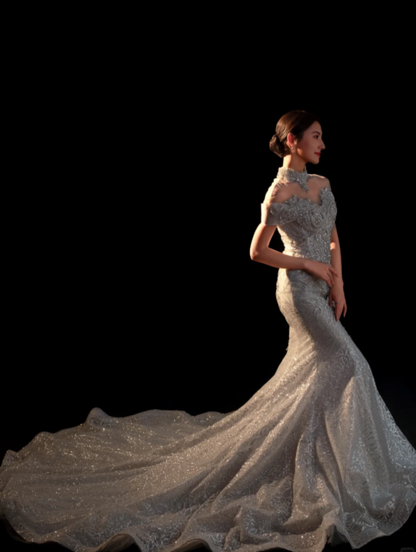 Glam Mermaid Long Weeding Dresses Tulle Bridal Dresses Cup Sleeves Bridal Gowns DP04451