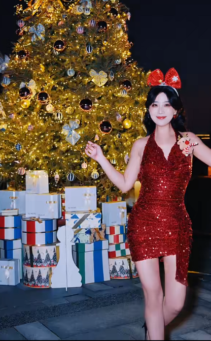 Sexy Halter Sheath Long Prom Dresses Sequins Burgundy Christmas Dresses Sleeveless Evening Dresses DP04468