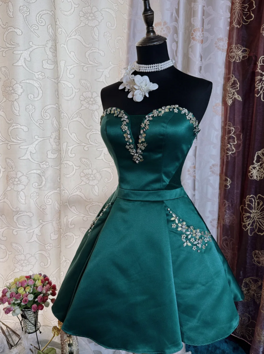 Sexy Sweetheart A-Line Long Prom Dresses Satin Green Party Dresses Sleeveless Evening Dresses  DP04469