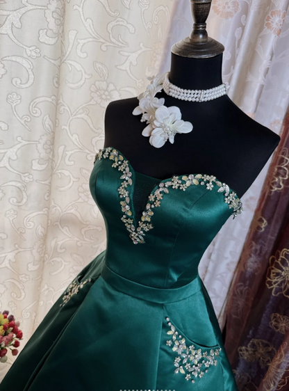 Sexy Sweetheart A-Line Long Prom Dresses Satin Green Party Dresses Sleeveless Evening Dresses  DP04469